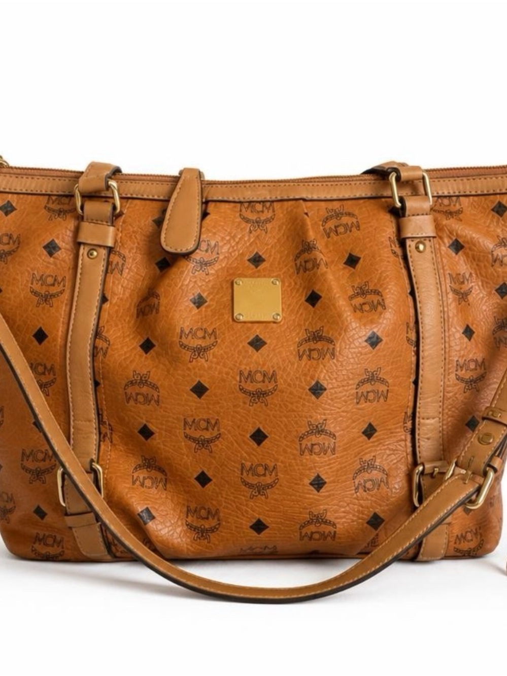 MCM Tan Visetos Monogram Leather Tote with Gold Plate